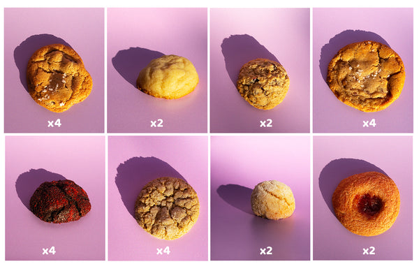Eight cookies arranged in a 2x4 grid on a purple background showing quantity of each cookie in the box