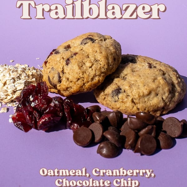 Two oatmeal cranberry chocolate chip cookies with loose oats, cranberries, and chocolate chips.