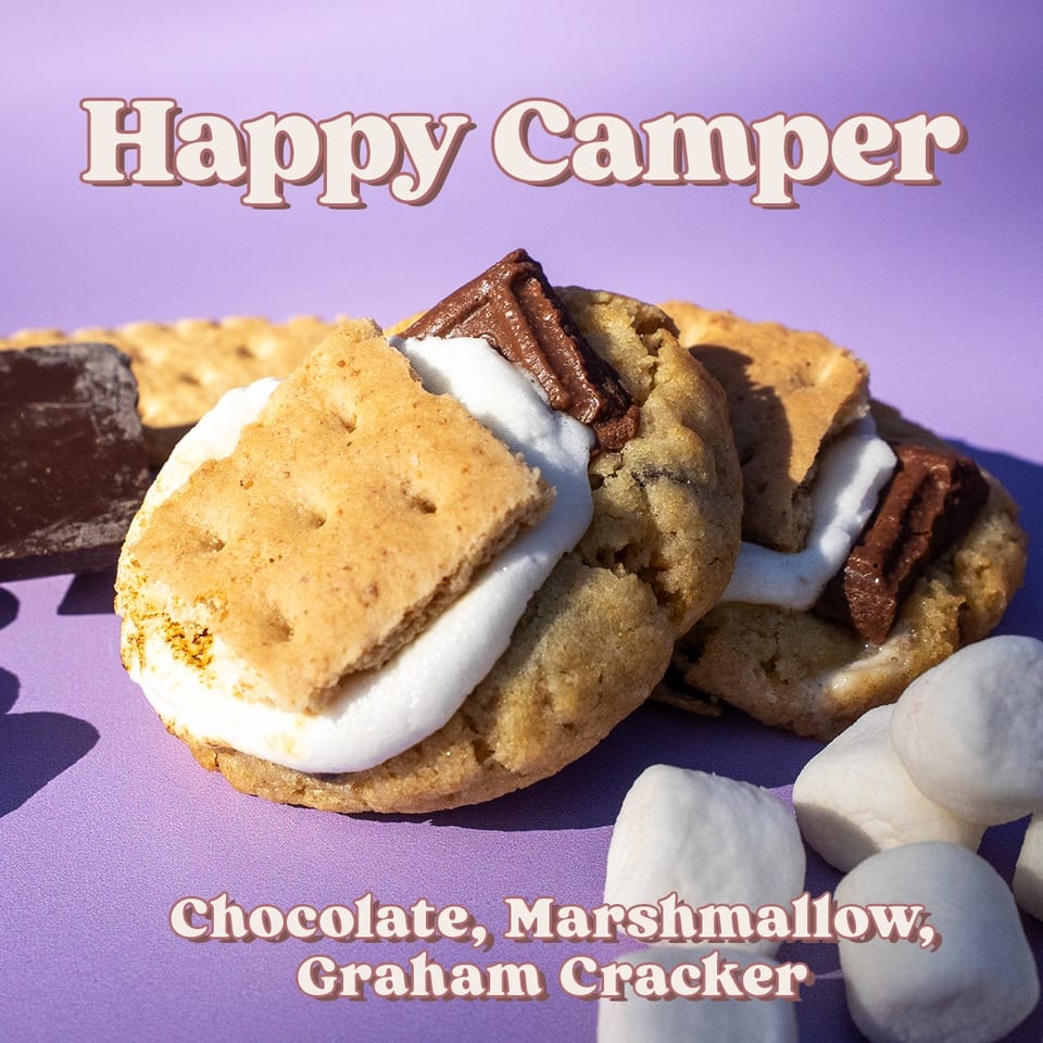 Happy Camper s’mores sandwich with chocolate, marshmallow, and graham cracker layers on a purple background.