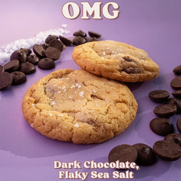 Two dark chocolate chip cookies with flaky sea salt on a purple background with chocolate chips.