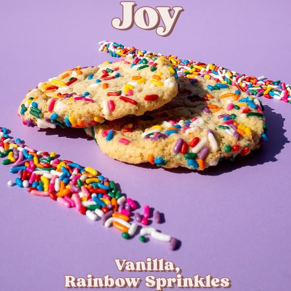 Two vanilla cookies with rainbow sprinkles on a purple background, with more sprinkles scattered around.